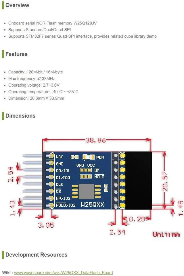 Alt view image 5 of 5 - Waveshare W25QXX DataFlash Board Serial DataFlash Module with Serial NOR Flash Memory W25Q128FV Onboard Support Standard/Dual/Quad SPI/QPI Interface