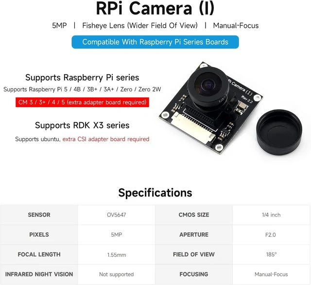 Alt view image 3 of 4 - Waveshare Camera Module Fisheye Lens Wider Field of View 2592 X 1944 Still Picture Resolution Compatible with All Revisions of the RaspberryPi