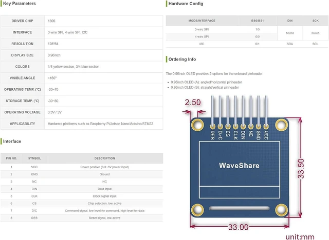 Main image of Waveshare 0.96inch OLED (B) SPI/I2C Interfaces Straight/Vertical Pinheader for Hardware Platforms Such as Raspberry Pi/Jetson Nano/STM32