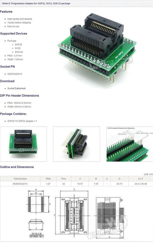 Main image of Waveshare SOP32 to DIP32 (A) SO32 SOIC32 652D032221X Wells IC Programming Adapter Test Burn-in Socket 1.27mm Pitch 7.55mm Width