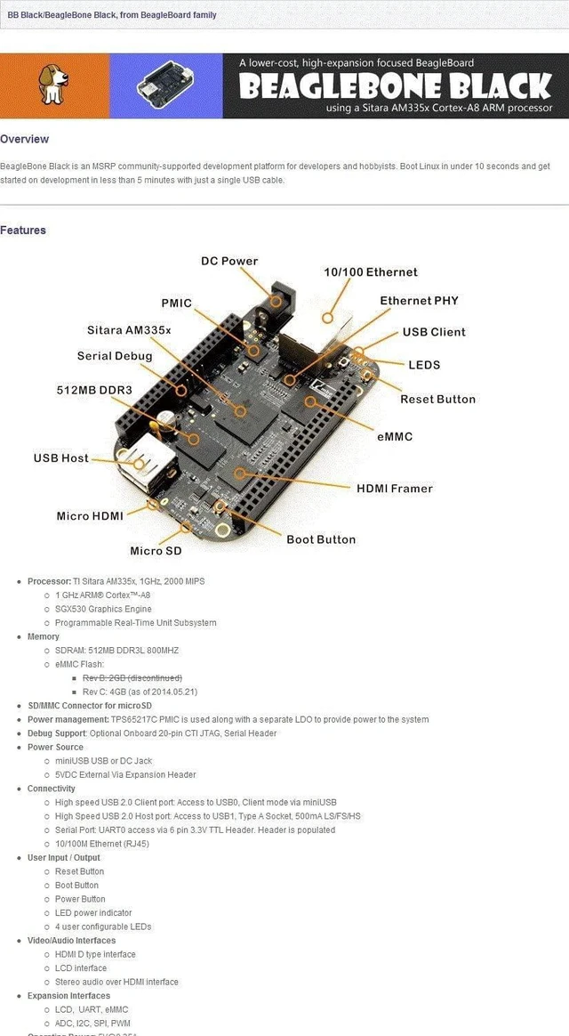 Alt view image 2 of 5 - Waveshare BeagleBone Black Rev C 1GHz ARM Cortex-A8 512MB DDR3 4GB 8bit eMMC Board Mini PC Development Board from Element14