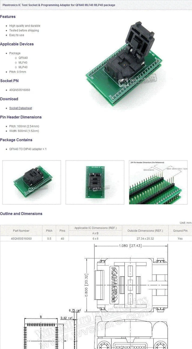 Main image of Waveshare QFN40 to DIP40 QFN40 MLF40 MLP40 IC Test Socket Programming Adapter 0.4mm Pitch