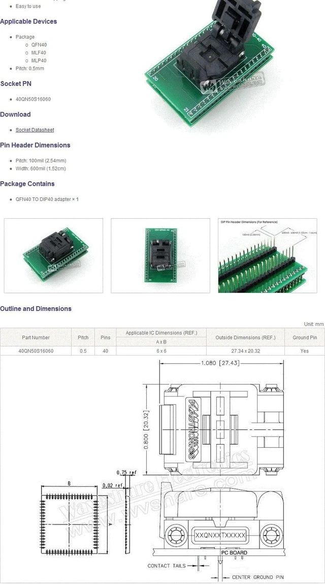Alt view image 2 of 2 - Waveshare QFN40 to DIP40 QFN40 MLF40 MLP40 IC Test Socket Programming Adapter 0.4mm Pitch