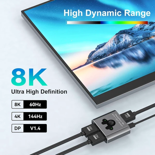 Alt view image 4 of 7 - Displayport Switch 2 in 1 Out 8K60Hz 4K144Hz DP 1.4 Switcher Compatible with TVs Monitors Laptops PCs Projectors etc (Unidirectional)
