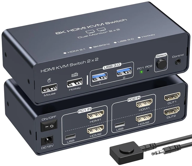 Main image of 8K HDMI KVM Switch 2 Monitors 2 Computers EDID 4K120Hz for 2 PC Share Dual Monitor and 4 USB Ports Support Extended/Copy Mode with Desktop Controller