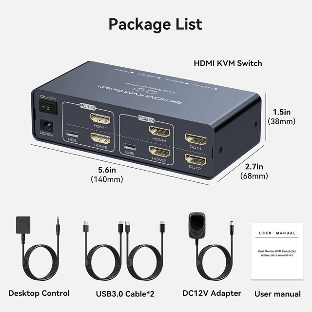 Alt view image 7 of 7 - 8K HDMI KVM Switch 2 Monitors 2 Computers EDID 4K120Hz for 2 PC Share Dual Monitor and 4 USB Ports Support Extended/Copy Mode with Desktop Controller