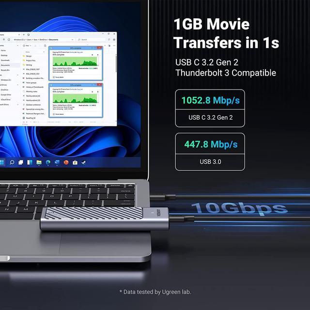Alt view image 3 of 7 - UGREEN M.2 NVMe and SATA SSD Enclosure Aluminum, 10Gbps USB 3.2 Gen2, USB C Thunderbolt 3 Compatible External M.2 NVMe SSD Enclosure Support UASP Trim for PCIe M, B+M Keys Size 2230/2242/2260/2280 SSD