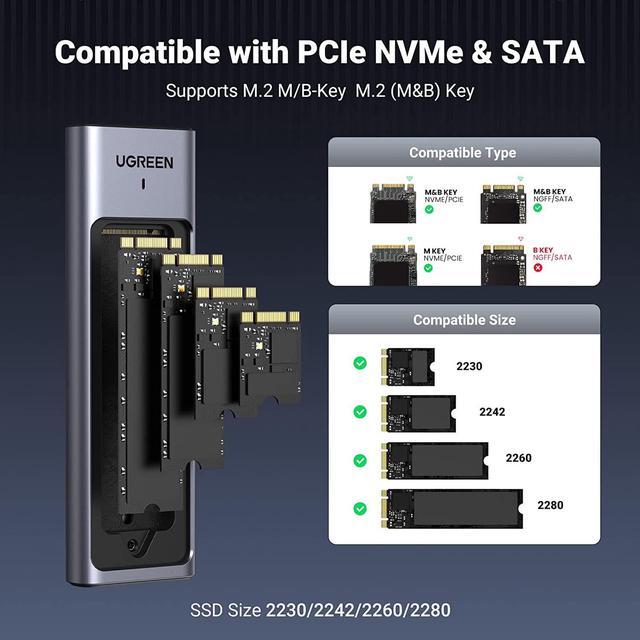 Alt view image 5 of 7 - UGREEN M.2 NVMe and SATA SSD Enclosure Aluminum, 10Gbps USB 3.2 Gen2, USB C Thunderbolt 3 Compatible External M.2 NVMe SSD Enclosure Support UASP Trim for PCIe M, B+M Keys Size 2230/2242/2260/2280 SSD