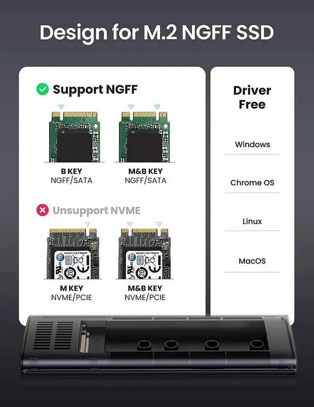 Alt view image 3 of 7 - UGREEN M.2 SATA NGFF SSD Enclosure Aluminum USB 3.1 Gen 2 to B-Key 5Gbps w UASP External Solid State Drive Enclosure Compatible for Samsung WD Crucial Kingston Tool Free 2280 2260 2242 2230