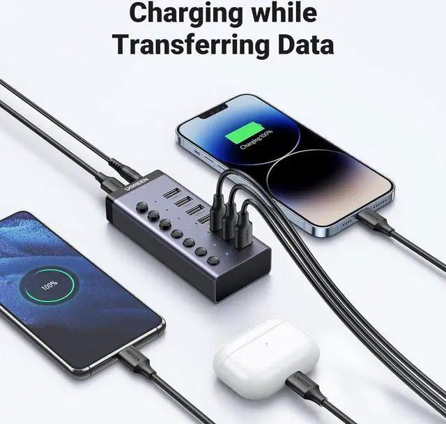 Alt view image 3 of 7 - UGREEN Powered USB 3.0 Hub, 7-Port USB Adapter with 4 Smart Charging Ports, USB Splitter with Individual Led On/Off Switches and Power Adapter, USB Ports Extender for Laptop PC