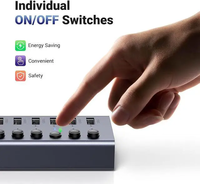 Alt view image 5 of 7 - UGREEN Powered USB 3.0 Hub, 7-Port USB Adapter with 4 Smart Charging Ports, USB Splitter with Individual Led On/Off Switches and Power Adapter, USB Ports Extender for Laptop PC