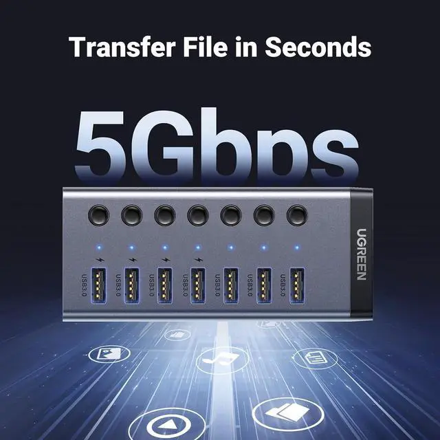 Alt view image 4 of 7 - UGREEN Powered USB 3.0 Hub, 7-Port USB Adapter with 4 Smart Charging Ports, USB Splitter with Individual Led On/Off Switches and Power Adapter, USB Ports Extender for Laptop PC