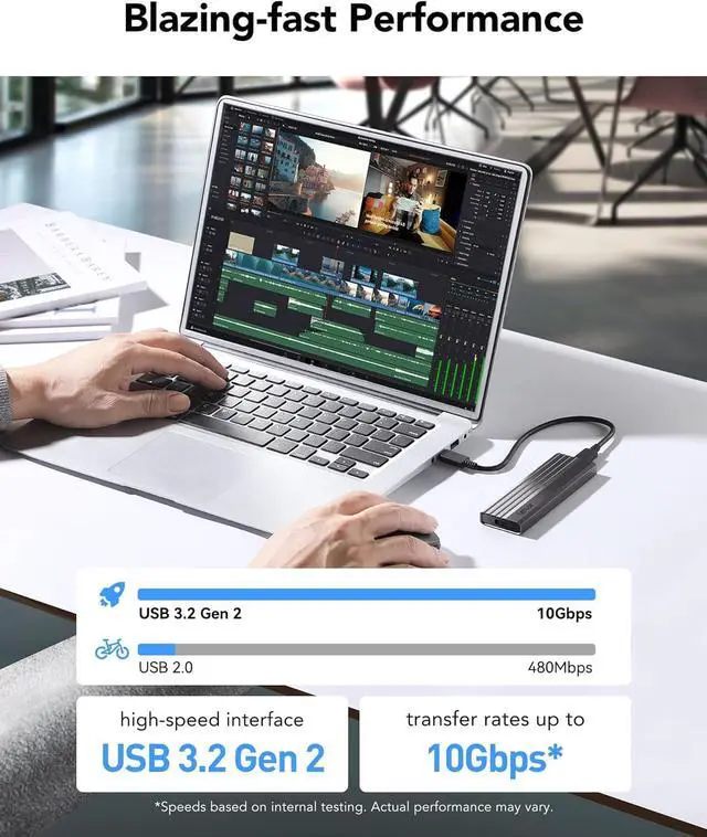 Alt view image 4 of 6 - E350 M.2 NVMe SATA SSD Enclosure Adapter, USB 3.2 Gen 2 (10Gbps), Compatible with M Key/B+M Key, External Portable Solid State Drive Case, Support NVMe PCIe SATA SSD 2230/2242/2260/2280