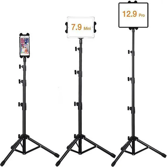 Alt view image 3 of 7 - Tripod Stand Floor Stand, Height Adjustable Foldable Tripod Stand for CellPhone/Tablet, Compatible with Galaxy Tab, Fire 7/HD8/HD10, Most 4.7-12 Phone/Pad Pro/Mini/Air, Height Adjustable 21.65-57.08in