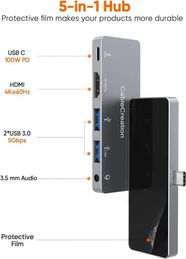 Alt view image 7 of 7 - CableCreation for iPad Pro USB C Hub, 5 in 1 Microsoft Surface USB C Hub Adapter with 4K HDMI, 3.5mm Headphone Jack, USBC 100W PD Charging 5Gbps USB, iPad Headphone Adapter Multiport for iPad