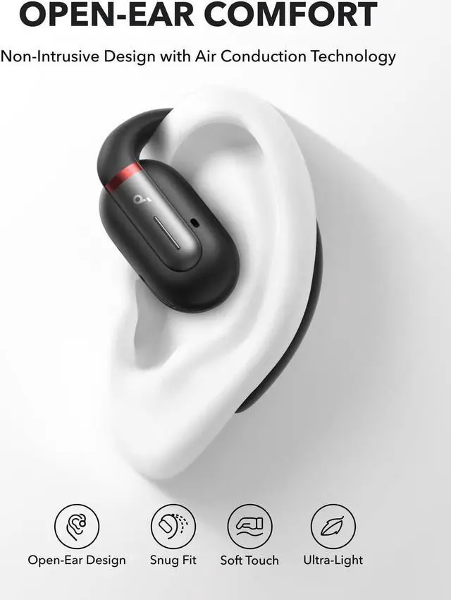 Alt view image 2 of 7 - Open-Ear Headphones, Ultra-Comfort, Lightweight Design, Snug Fit, Ergonomic Ear Hooks, Robust Bass, 36H Playtime, Bluetooth 5.3, App Control, Clear Calls, Wireless Earbuds