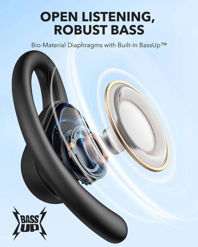 Alt view image 3 of 7 - Open-Ear Headphones, Ultra-Comfort, Lightweight Design, Snug Fit, Ergonomic Ear Hooks, Robust Bass, 36H Playtime, Bluetooth 5.3, App Control, Clear Calls, Wireless Earbuds