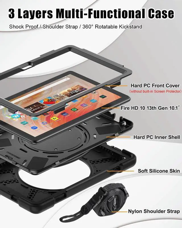 Alt view image 3 of 7 - Shockproof Case for Amazon Fire HD 10 Tablet 10.1 (Only fits 13th generation tablet, 2023 release), Rugged Silicone Cover with 360 Rotating Kickstand & Handle Grip, Shoulder Strap, Black