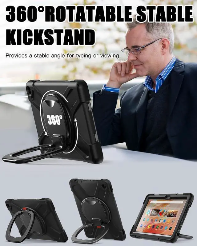 Alt view image 7 of 7 - Shockproof Case for Amazon Fire HD 10 Tablet 10.1 (Only fits 13th generation tablet, 2023 release), Rugged Silicone Cover with 360 Rotating Kickstand & Handle Grip, Shoulder Strap, Black