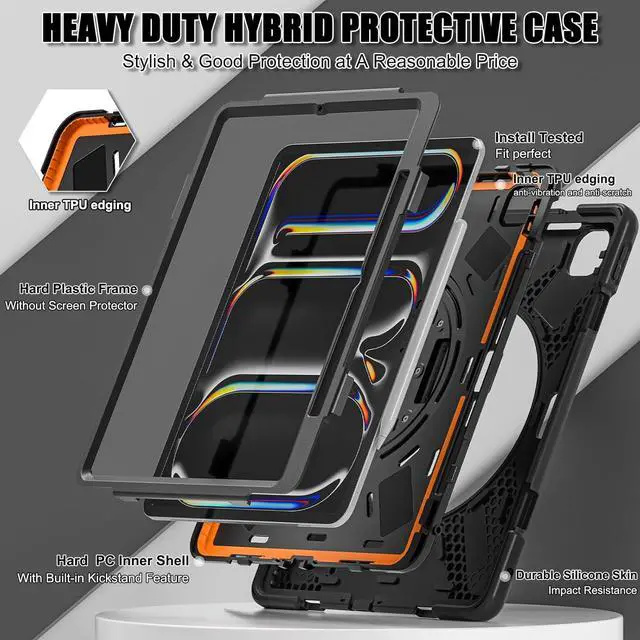 Alt view image 2 of 6 - iPad Pro 13 Inch Case M4 2024, Heavy Duty Rugged Case for A2925, A2926, A3007 with Kickstand/Hand Strap/Pencil Holder/Shoulder Strap, Black
