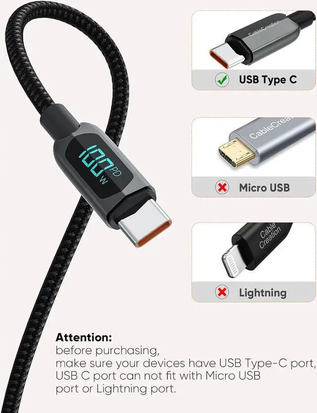 Alt view image 2 of 7 - CableCreation 3.3FT USB C to USB C Cable 2-Pack PD 100W with LED Display, Durable USB C Cable Braided with Display for iPad Air, Pro, MacBook Pro, Galaxy S23 Pixel Steam Deck PS5 1m Black