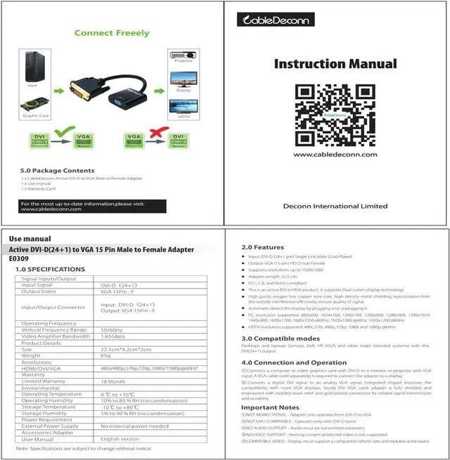 Alt view image 7 of 7 - CableDeconn Active DVI-D Link 24+1 Male to VGA Female M/F Video Cable Adapter Converter