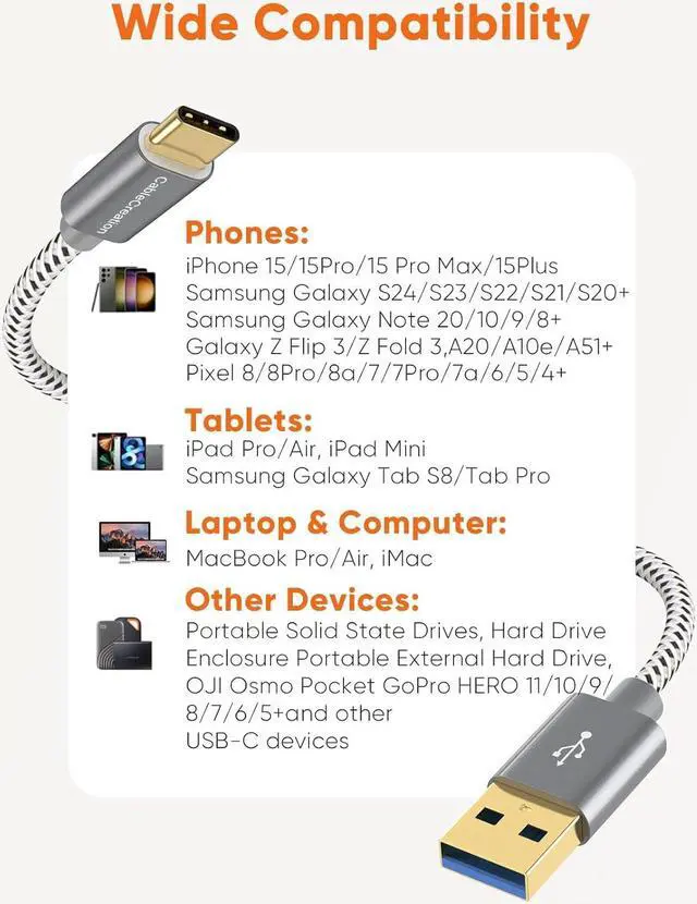 Alt view image 5 of 7 - CableCreation USB C to USB A Cable 3FT, 10Gbps USB C to USB 3.2 USB 3.1 Gen2 USB A to C Data Cable, Android Auto Cable 3A Fast Charge Cord for Type C External SSD MacBook, Galaxy S24+, iPhone 15/16+