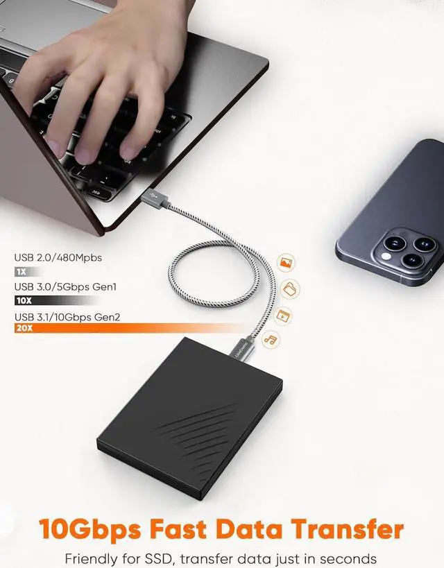 Alt view image 6 of 7 - CableCreation USB C to USB A Cable 3FT, 10Gbps USB C to USB 3.2 USB 3.1 Gen2 USB A to C Data Cable, Android Auto Cable 3A Fast Charge Cord for Type C External SSD MacBook, Galaxy S24+, iPhone 15/16+