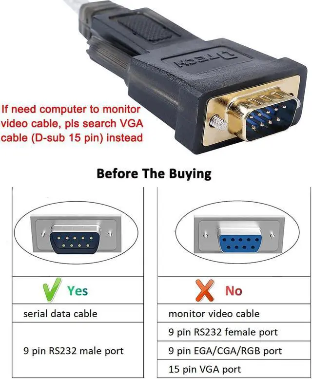 Alt view image 3 of 7 - DTech Serial Cable to USB Adapter DB9 Male RS232 Port Supports Windows 11 10 8 7 Mac (6 Feet, PL2303)