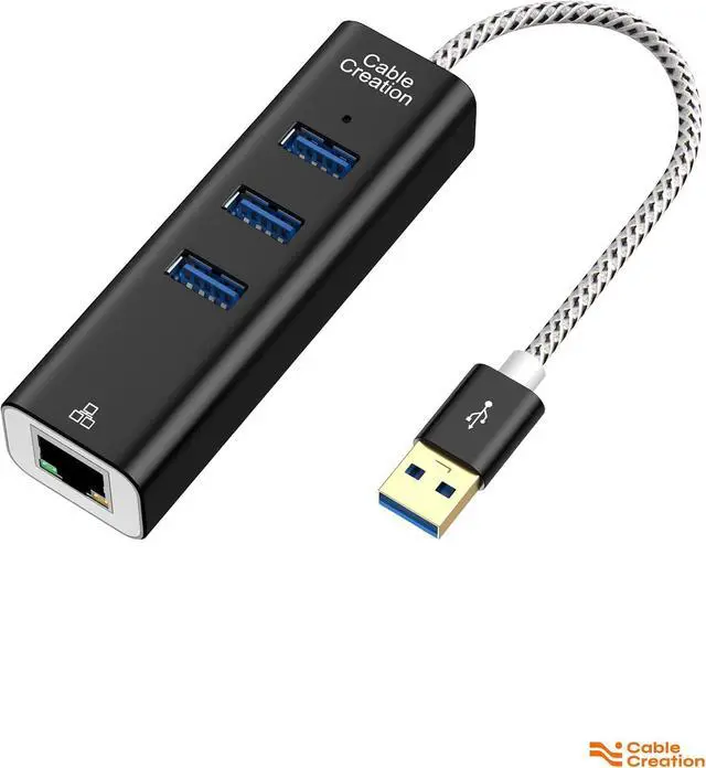 Main image of USB to Ethernet Adapter, CableCreation 3-Port USB 3.0 Hub, USB 3.0 Ethernet Adapter RJ45 10/100/1000 Mbps Gigabit Compatible with Windows PC, Laptop, MacBook Pro, USB Flash Drives etc, Aluminum Black