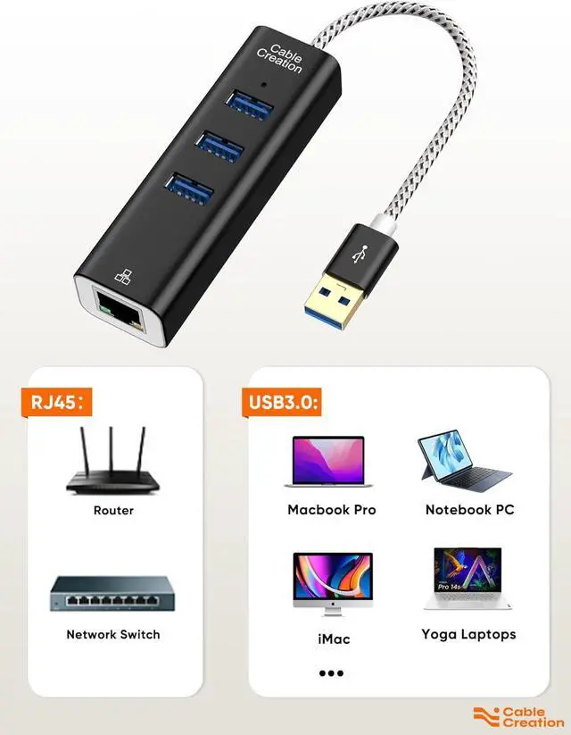 Alt view image 4 of 7 - USB to Ethernet Adapter, CableCreation 3-Port USB 3.0 Hub, USB 3.0 Ethernet Adapter RJ45 10/100/1000 Mbps Gigabit Compatible with Windows PC, Laptop, MacBook Pro, USB Flash Drives etc, Aluminum Black