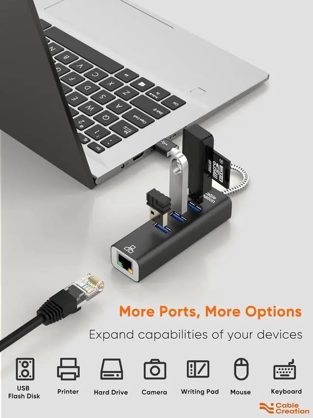 Alt view image 6 of 7 - USB to Ethernet Adapter, CableCreation 3-Port USB 3.0 Hub, USB 3.0 Ethernet Adapter RJ45 10/100/1000 Mbps Gigabit Compatible with Windows PC, Laptop, MacBook Pro, USB Flash Drives etc, Aluminum Black