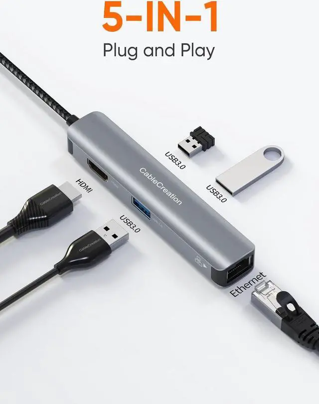 Alt view image 6 of 7 - USB C Hub Multiport Adapter, CableCreation 5-in-1 USB C Adapter Aluminum Shell with 4K HDMI, 1Gbps Ethernet, 3 USB 3.0 Ports for MacBook Pro/Air 2020/2019, iPad Pro 2020, Surface Go, XPS