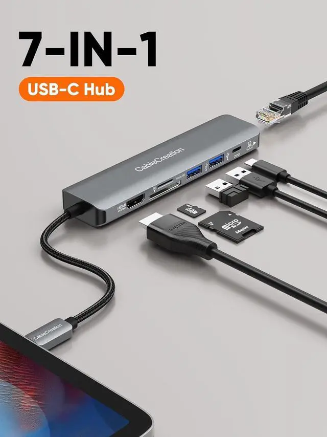 Alt view image 2 of 7 - USB C Hub 4K 60Hz, CableCreation 7-in-1 USB-C Hub Multiport Adapter with 1Gbps Ethernet, HDMI, 2 USB 3.0 Ports, 100W PD and SD/TF Cards Reader, Compatible with Steam Deck MacBook Pro/Air, iPad Pro