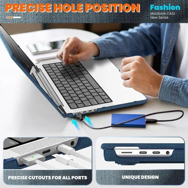 Alt view image 7 of 7 - For New MacBook Pro 14 Inch Case M3 / M3 Pro / M3 Max / M2 M1 Pro/Max 2024 2023 2021 (Model: A2918 A2992 A2779 A2442), Durable Fabric & PC Protective Cover with Magnetic Stand  Navy Blue