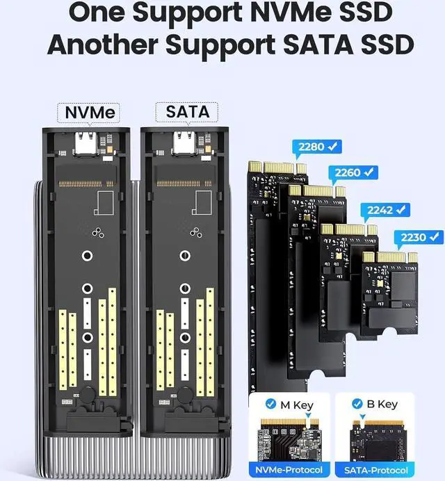 Alt view image 2 of 7 - Dual M.2 NVMe with SATA SSD Enclosure, USB C to M2 Adapter for M Key PCIe & B+M Key 2230/2242/2260/2280 M.2 SSDs, Tool-Free Installation Aluminum M.2 Reader Support Trim and UASP up to 2x4TB