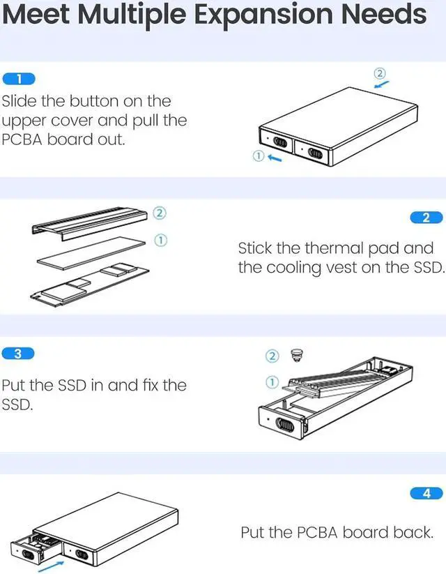 Alt view image 6 of 7 - Dual M.2 NVMe with SATA SSD Enclosure, USB C to M2 Adapter for M Key PCIe & B+M Key 2230/2242/2260/2280 M.2 SSDs, Tool-Free Installation Aluminum M.2 Reader Support Trim and UASP up to 2x4TB