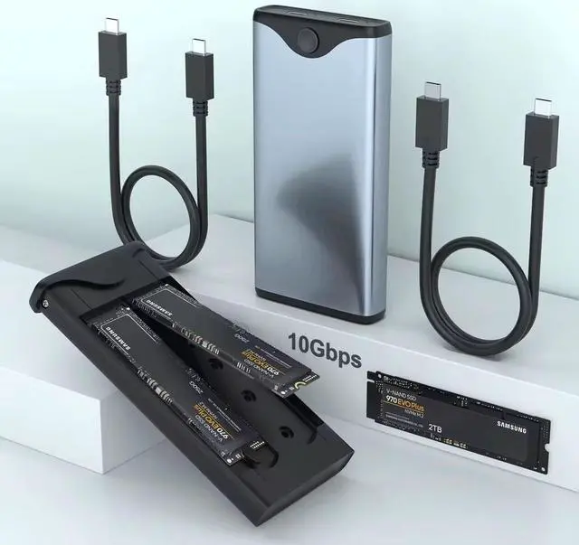 Alt view image 2 of 7 - Dual M.2 NVMe with SATA SSD Enclosure, USB C to M2 Adapter for M Key PCIe & B+M Key 2230/2242/2260/2280 M.2 SSDs, Tool-Free Installation M.2 Reader Support Trim and UASP up to 2x4TB