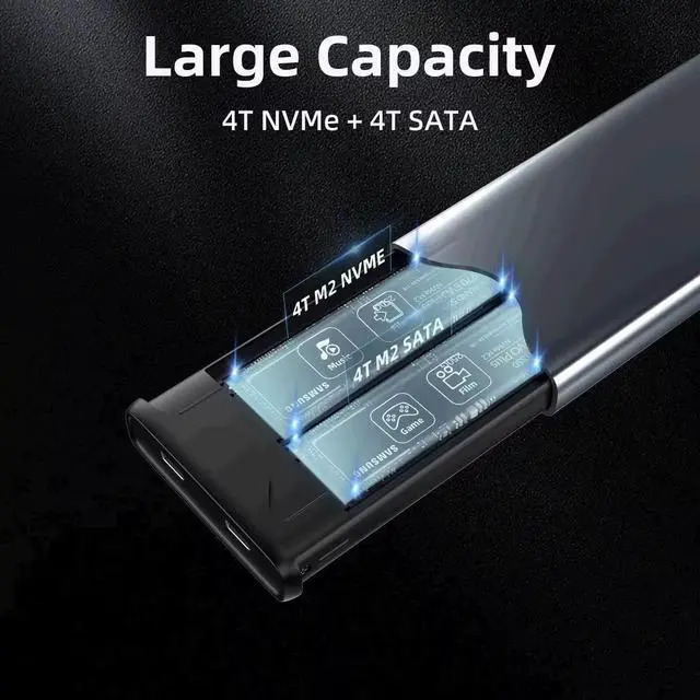 Alt view image 5 of 7 - Dual M.2 NVMe with SATA SSD Enclosure, USB C to M2 Adapter for M Key PCIe & B+M Key 2230/2242/2260/2280 M.2 SSDs, Tool-Free Installation M.2 Reader Support Trim and UASP up to 2x4TB