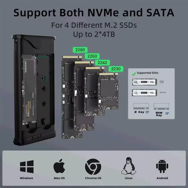 Alt view image 3 of 7 - Dual M.2 NVMe with SATA SSD Enclosure, USB C to M2 Adapter for M Key PCIe & B+M Key 2230/2242/2260/2280 M.2 SSDs, Tool-Free Installation M.2 Reader Support Trim and UASP up to 2x4TB