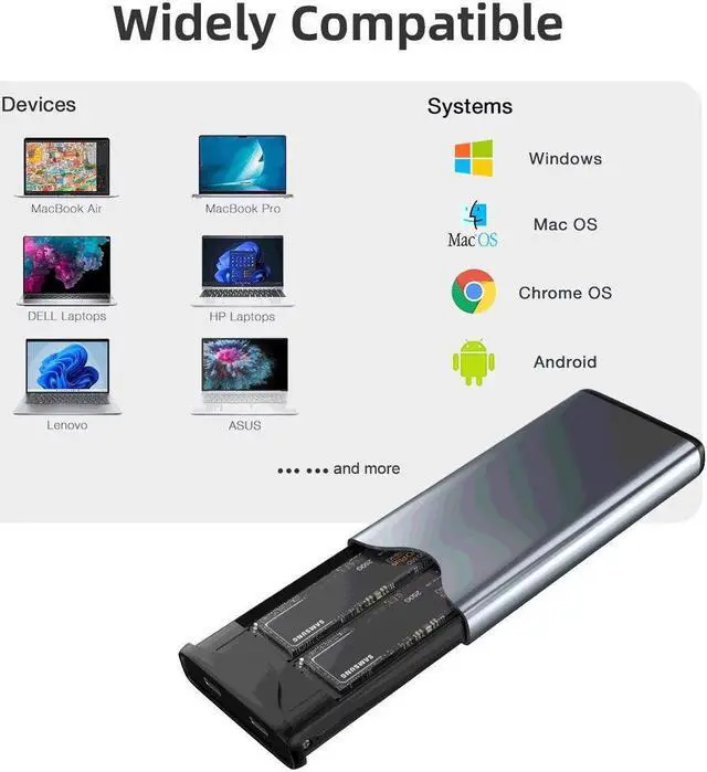 Alt view image 6 of 7 - Dual M.2 NVMe with SATA SSD Enclosure, USB C to M2 Adapter for M Key PCIe & B+M Key 2230/2242/2260/2280 M.2 SSDs, Tool-Free Installation M.2 Reader Support Trim and UASP up to 2x4TB