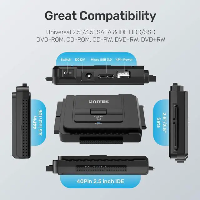 Alt view image 4 of 7 - USB C to IDE and SATA Converter External Hard Drive Adapter Kit for Universal 2.5/3.5 HDD/SSD Hard Drive Disk, One Touch Backup Function, Included 12V/2A Power Adapter