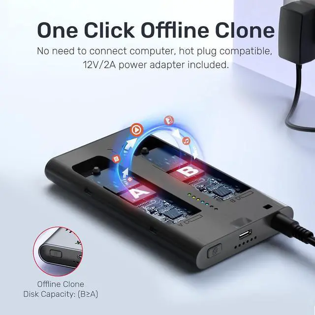 Alt view image 4 of 7 - NVMe M.2 Duplicator with Offline Clone, Dual-Bay Tool-Free USB C 3.2 Gen 2*2 20Gbps to NVMe PCIe M-Key(B+M Key) Hard Drives Enclosure, Support UASP Trim and One- Key System Disk Copy Function