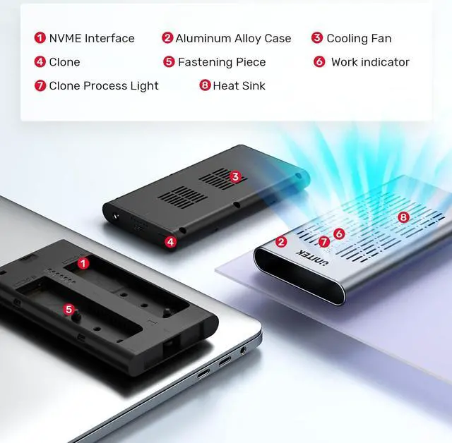 Alt view image 6 of 7 - NVMe M.2 Duplicator with Offline Clone, Dual-Bay Tool-Free USB C 3.2 Gen 2*2 20Gbps to NVMe PCIe M-Key(B+M Key) Hard Drives Enclosure, Support UASP Trim and One- Key System Disk Copy Function