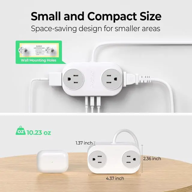 Alt view image 4 of 7 - Extension Cord with USB Ports, 5 FT Extension Cord with 3 USB(1 USB-C) Ports, Small Extension Cord Saving Space, 4 Wide-Spaced Outlets, Mountable Compact No Surge for Travel, Cruise Ship, White