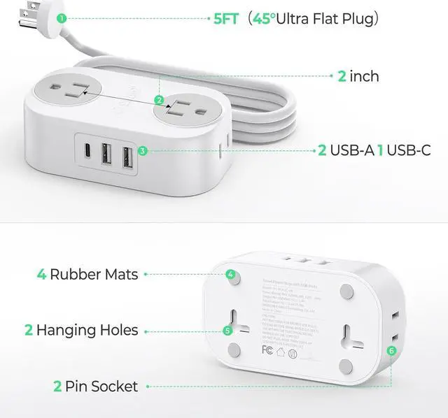 Alt view image 5 of 7 - Extension Cord with USB Ports, 5 FT Extension Cord with 3 USB(1 USB-C) Ports, Small Extension Cord Saving Space, 4 Wide-Spaced Outlets, Mountable Compact No Surge for Travel, Cruise Ship, White