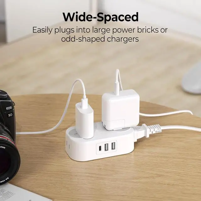 Alt view image 3 of 7 - Extension Cord with USB Ports, 5 FT Extension Cord with 3 USB(1 USB-C) Ports, Small Extension Cord Saving Space, 4 Wide-Spaced Outlets, Mountable Compact No Surge for Travel, Cruise Ship, White