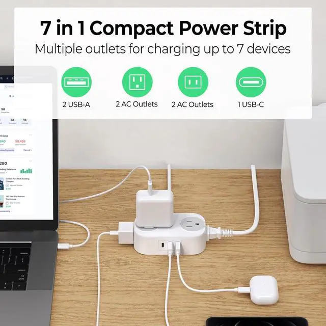 Alt view image 2 of 7 - Extension Cord with USB Ports, 5 FT Extension Cord with 3 USB(1 USB-C) Ports, Small Extension Cord Saving Space, 4 Wide-Spaced Outlets, Mountable Compact No Surge for Travel, Cruise Ship, White