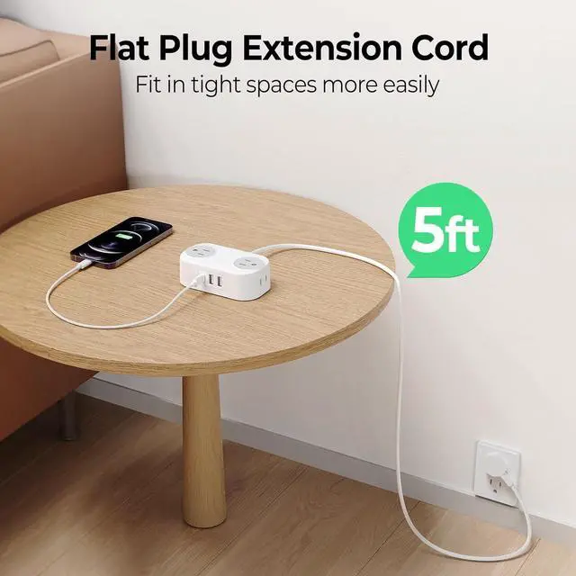 Alt view image 6 of 7 - Extension Cord with USB Ports, 5 FT Extension Cord with 3 USB(1 USB-C) Ports, Small Extension Cord Saving Space, 4 Wide-Spaced Outlets, Mountable Compact No Surge for Travel, Cruise Ship, White