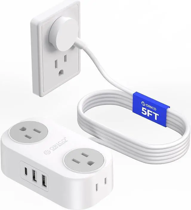 Main image of Extension Cord with USB Ports, 5 FT Extension Cord with 3 USB(1 USB-C) Ports, Small Extension Cord Saving Space, 4 Wide-Spaced Outlets, Mountable Compact No Surge for Travel, Cruise Ship, White